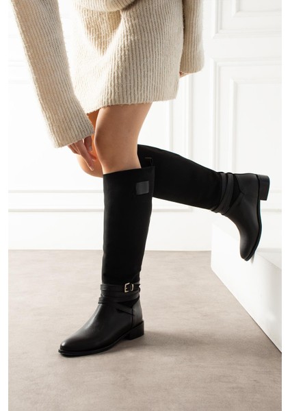 Suadx Kadın Çizme Kalın Topuku Bilekten Dolamalı Bantlı Siyah Süet Siyah Deri