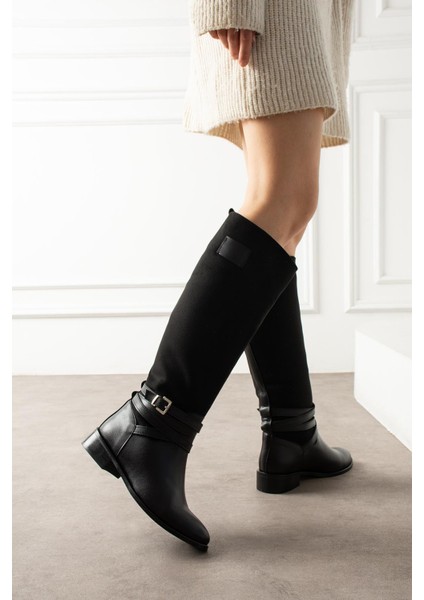 Suadx Kadın Çizme Kalın Topuku Bilekten Dolamalı Bantlı Siyah Süet Siyah Deri fiyatları