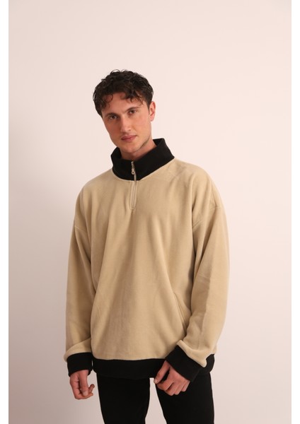 Erkek Bej Fermuarlı Yaka ve Kol Ucu Siyah Garni Detaylı Sweatshirt fiyatları