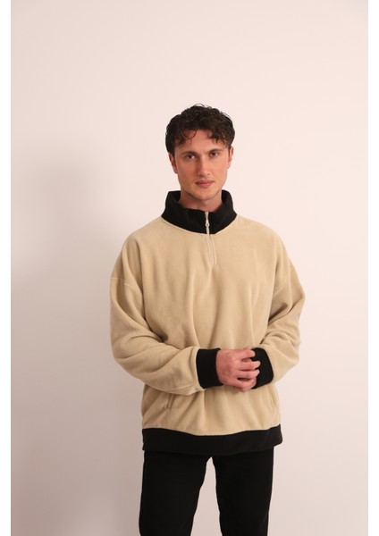 Erkek Bej Fermuarlı Yaka ve Kol Ucu Siyah Garni Detaylı Sweatshirt modelleri