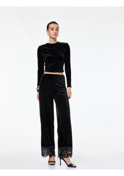 Uzun Kollu Bisiklet Yaka Slim Fit Kadife Crop Tişört fiyatları