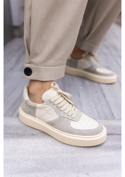 Zero Kadın Bej Gercek Deri Taş Detayli Deri Sneaker