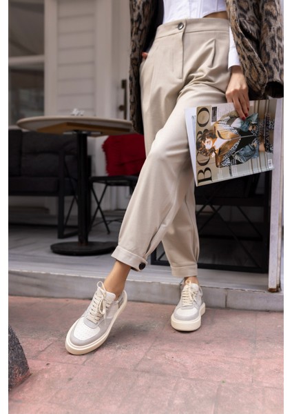 Zero Kadın Bej Gercek Deri Taş Detayli Deri Sneaker