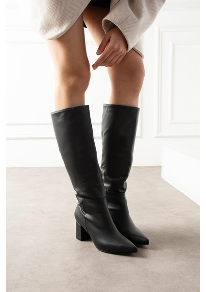 Lollr Kadın Çizme Kalın Topuklu Kırışık Siyah Deri fiyatları