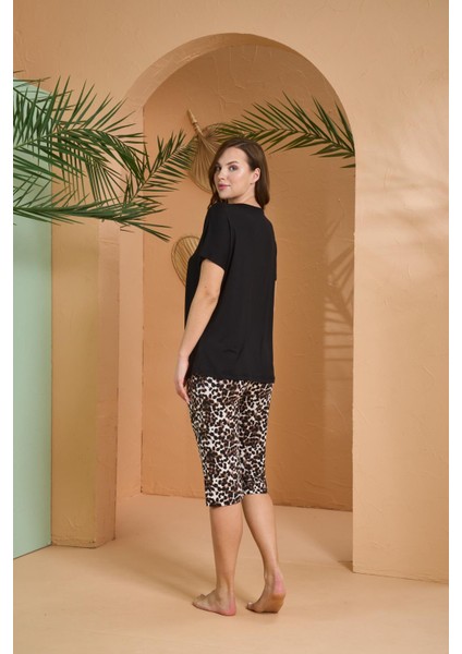 Kadın Leopar Desenli V Yaka Kısa Kollu Kapri Rahat Pijama Takım fırsatları