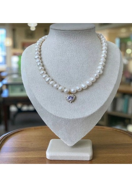 Doğal 8mm Inci Kolye Çelik Aparat Lila Zirkon Kalp Charm