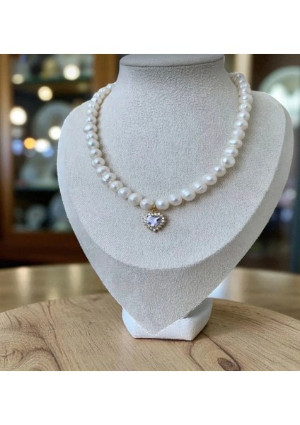 Doğal 8mm Inci Kolye Çelik Aparat Lila Zirkon Kalp Charm fiyatları