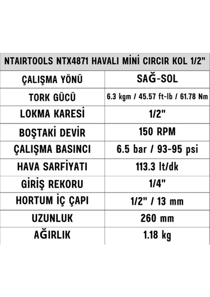 Ntairtools NTX4871 Havalı Mini Cırcır Kol 1/2" fiyatları