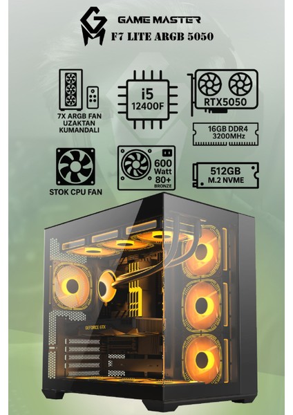 F7 Lite Argb RTX5050 Intel I5-12400F Cpu 16GB Ddr4 Ram 512GB M.2 SSD RTX5050 7x Argb Fanlı Gaming Pc