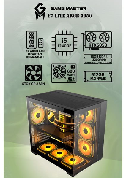 F7 Lite Argb RTX5050 Intel I5-12400F Cpu 16GB Ddr4 Ram 512GB M.2 SSD RTX5050 7x Argb Fanlı Gaming Pc modelleri