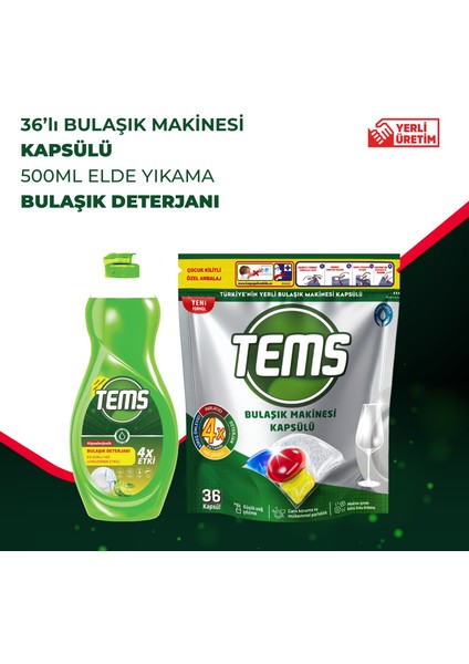 4 Etkili Bulaşık Makinesi Kapsülü 36'lı + Tems Elde Yıkama Bulaşık Deterjanı 500 ml