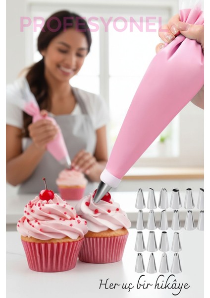 20 Uçlu Pasta Süsleme Seti – 2 Krema Torbası, Paslanmaz Uçlar, Profesyonel ve Ev Kullanımı Için 722262
