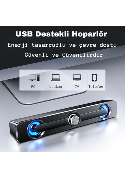 USB Destekli Stereo Soundbar Hoparlör – LED Işıklı, Güçlü Ses Kalitesi, Pc / Laptop / Tv / Telefon Uyumlu