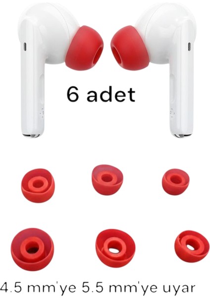 Kulaklık Için Silikon Uçları 6 Adet ( 2x Küçük - 2x Orta - 2x Büyük )Kırmızı Yumuşak Silikon