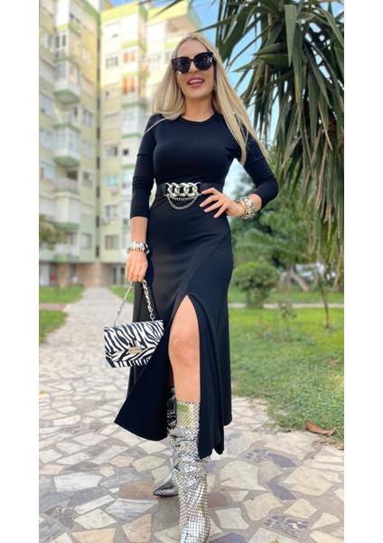 Kadın Uzun Kollu Bisiklet Yaka Yırtmaçlı Kemerli Uzun Çilek Elbise