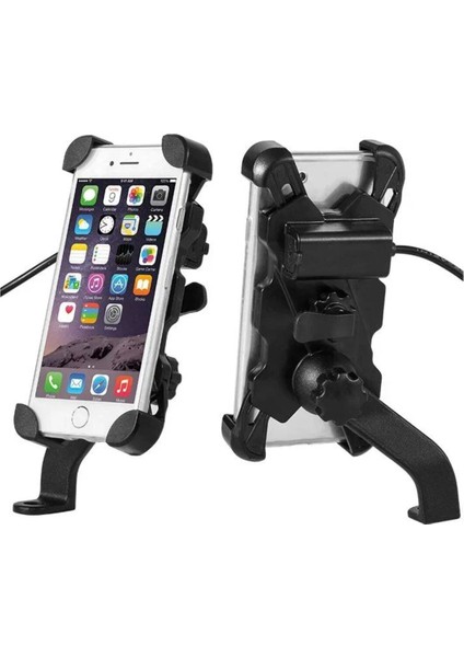 Motosiklet Şarjlı Telefon Tutucu Scooter Unıversal Metal Ayna ve Gidon Bağlantı Aparatlı