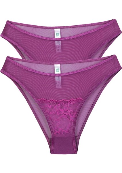 Kadın Mor Dantel Detaylı Transparan 2'li Slip