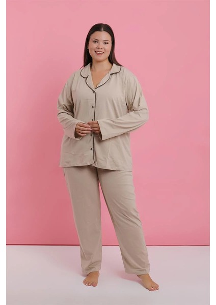 Kadın Büyük Beden Bej Düğmeli Pijama Takımı fiyatları