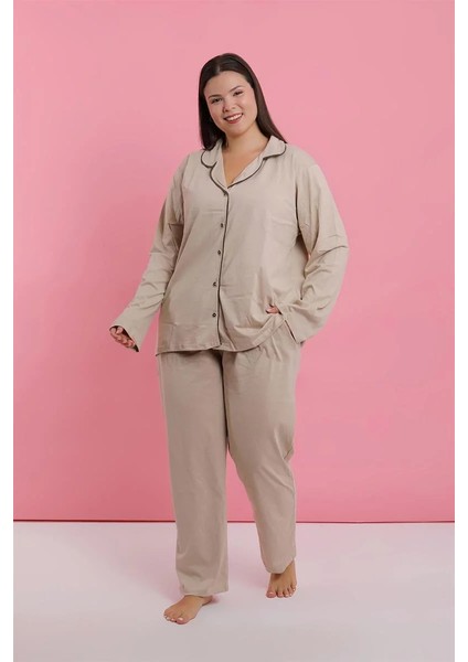 Kadın Büyük Beden Bej Düğmeli Pijama Takımı modelleri
