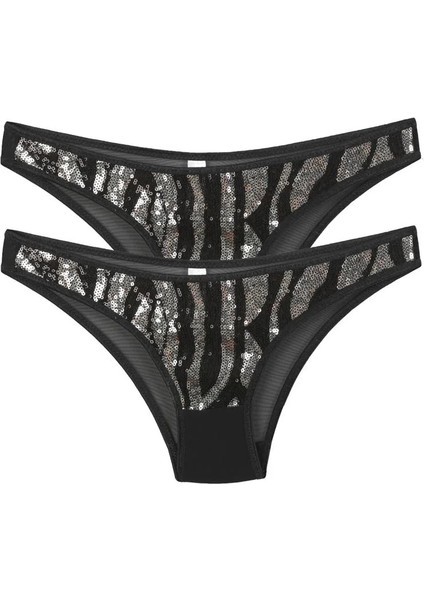 Kadın Siyah Zebra Desenli Payetli 2'li Slip