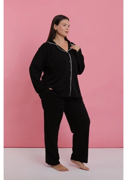 Kadın Büyük Beden Siyah Düğmeli Pijama Takımı