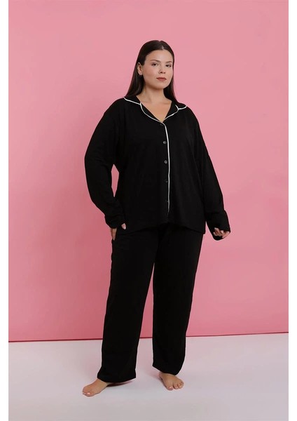 Kadın Büyük Beden Siyah Düğmeli Pijama Takımı modelleri