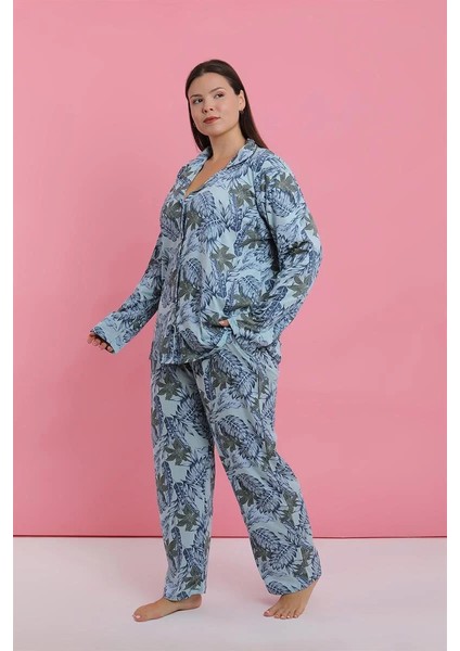 Kadın Büyük Beden Mavi Tropikal Desenli Düğmeli Pijama Takımı modelleri