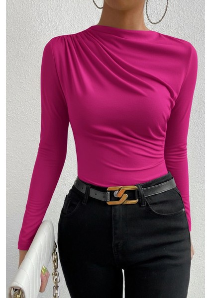 Kadın Fuşya Belden ve Boyundan Büzgü Detaylı Uzun Kollu Bluz fırsatları