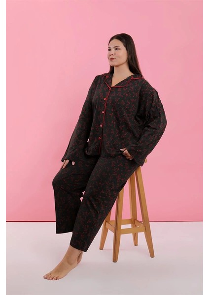 Kadın Büyük Beden Siyah Kırmızı Çiçekli Düğmeli Pijama Takımı modelleri