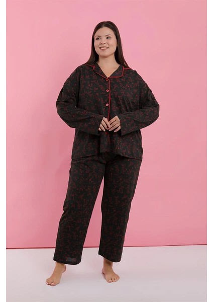Kadın Büyük Beden Siyah Kırmızı Çiçekli Düğmeli Pijama Takımı fırsatları