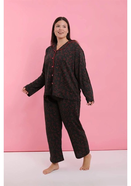 Kadın Büyük Beden Siyah Kırmızı Çiçekli Düğmeli Pijama Takımı indirimleri