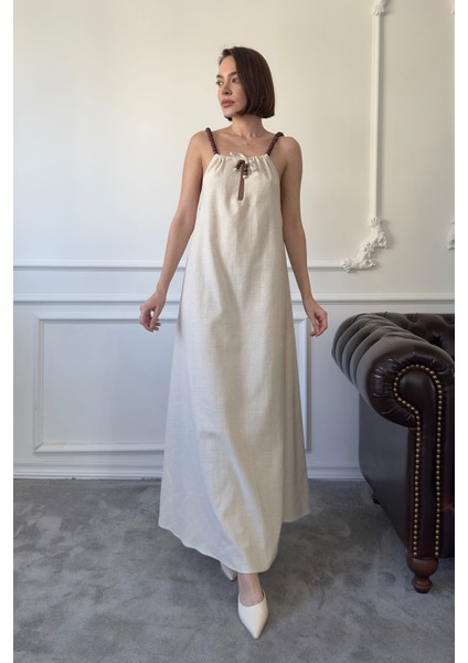 Omuzu Boncuklu Keten Elbise- Taş