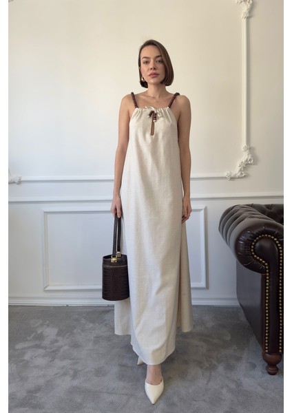 Omuzu Boncuklu Keten Elbise- Taş