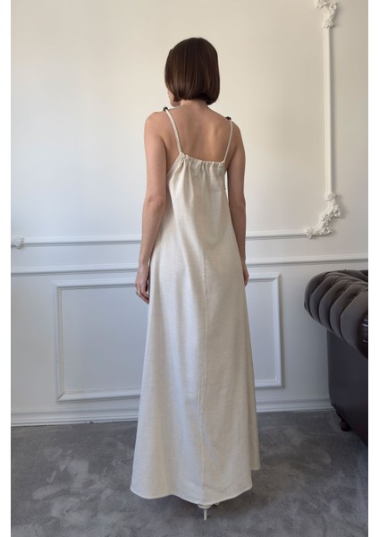 Omuzu Boncuklu Keten Elbise- Taş