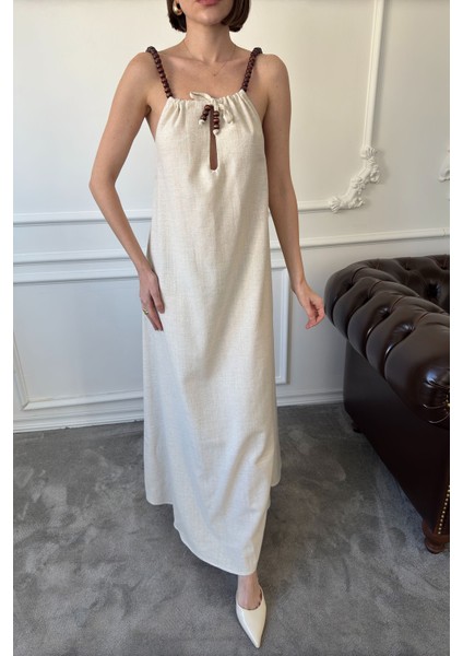 Omuzu Boncuklu Keten Elbise- Taş