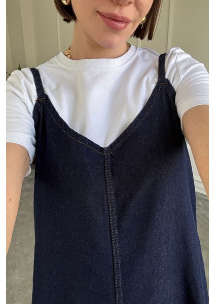 Askılı Denim Elbise- Lacivert