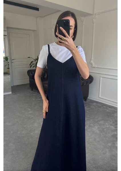Askılı Denim Elbise- Lacivert