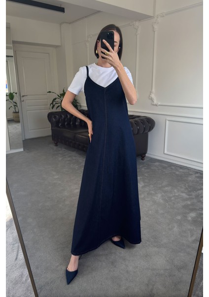 Askılı Denim Elbise- Lacivert