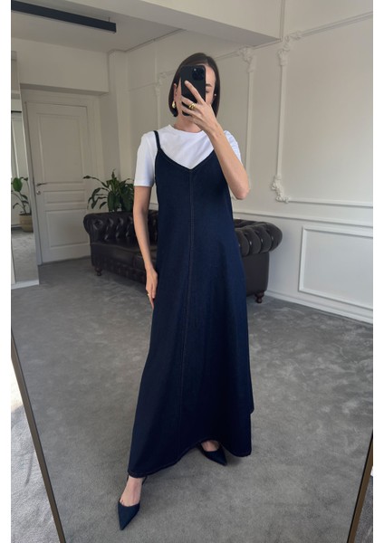 Askılı Denim Elbise- Lacivert