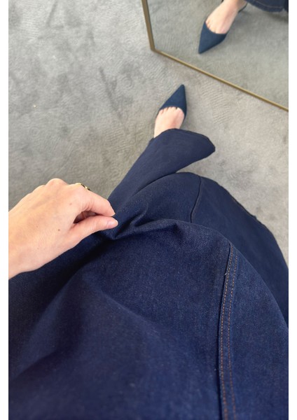 Askılı Denim Elbise- Lacivert