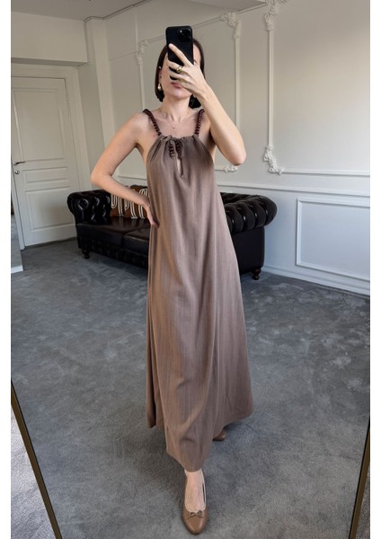 Omuzu Boncuklu Keten Elbise- Kahverengi