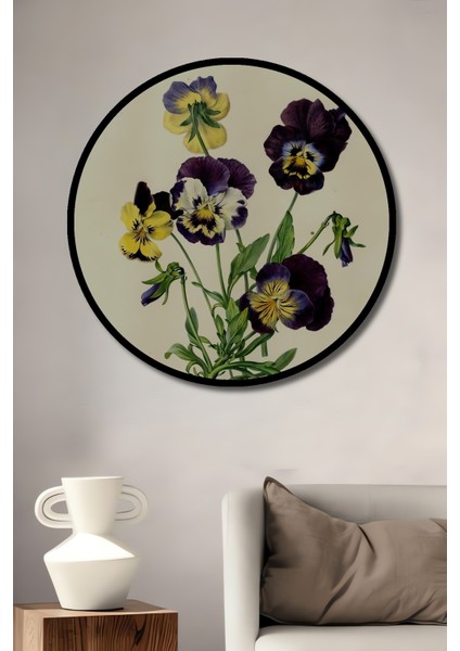 Çerçeve Görünümlü Menekşe Çiçeği Dekoratif Ahşap Mdf Ev Duvar Tablo Yuvarlak Ev Duvar Tablo