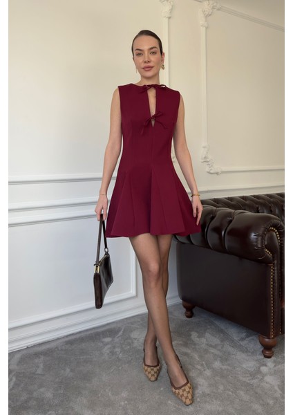 Sıfır Kol Kurdaleli Orj Elbise- Bordo