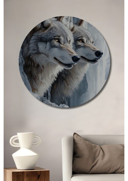Buzulların Başındaki Kurtlar Ahşap Mdf Dekoratif Tablo Yuvarlak Tablo