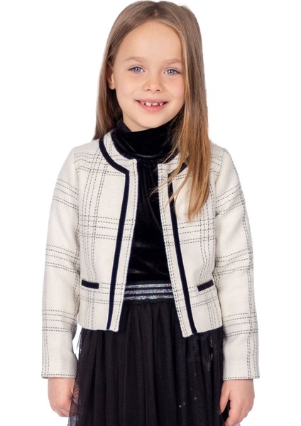 Blazer Kesim Biyeli Jakarlı Krem Kışlık Kız Çocuk Abiye Ceket