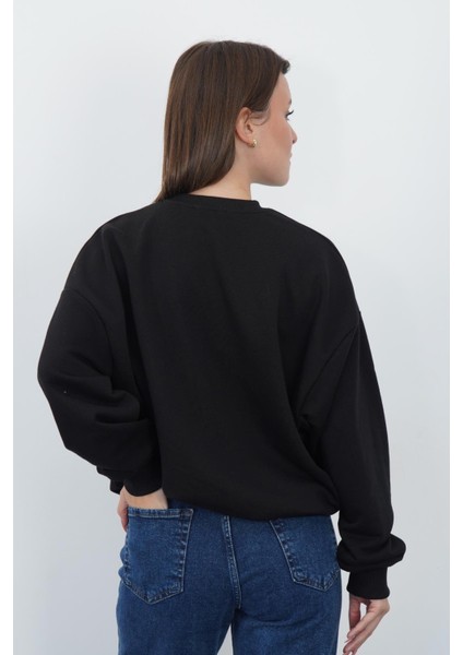 Kadın Pamuk 3 Iplik Şardonsuz Oversize Sweatshirt & Geniş Paça Eşofman Altı Takım-Siyah