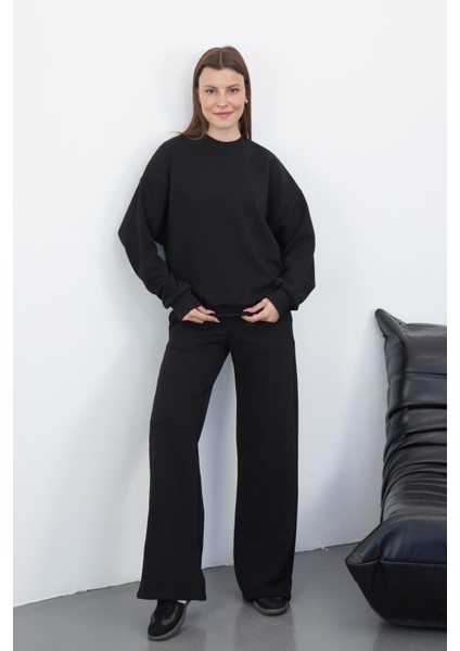 Kadın Pamuk 3 Iplik Şardonsuz Oversize Sweatshirt & Geniş Paça Eşofman Altı Takım-Siyah
