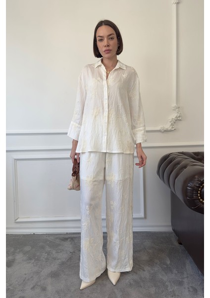 Nakış Işlemeli Pantolonlu Takım- Ekru