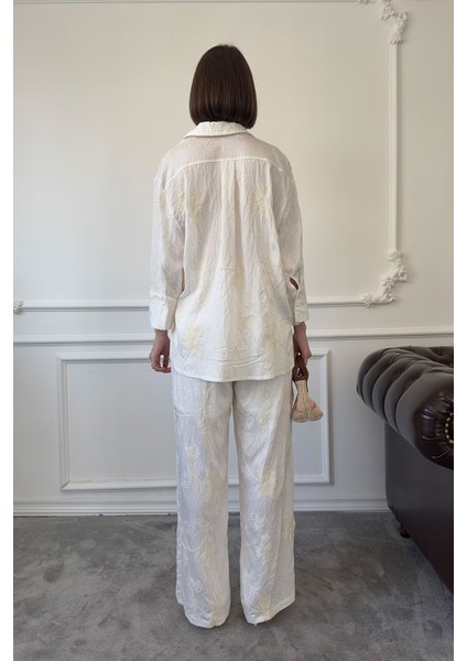 Nakış Işlemeli Pantolonlu Takım- Ekru