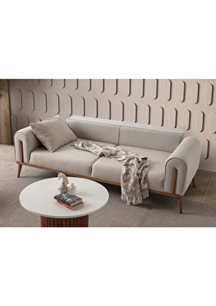 Riva 3'lü Koltuk Modern Tasarım Silinebilir Kumaş Sütlü Kahve 224x90 cm